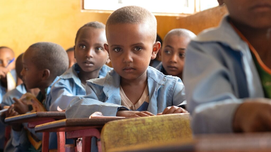 young boy looking into the camera while sitting behind his desk at school
